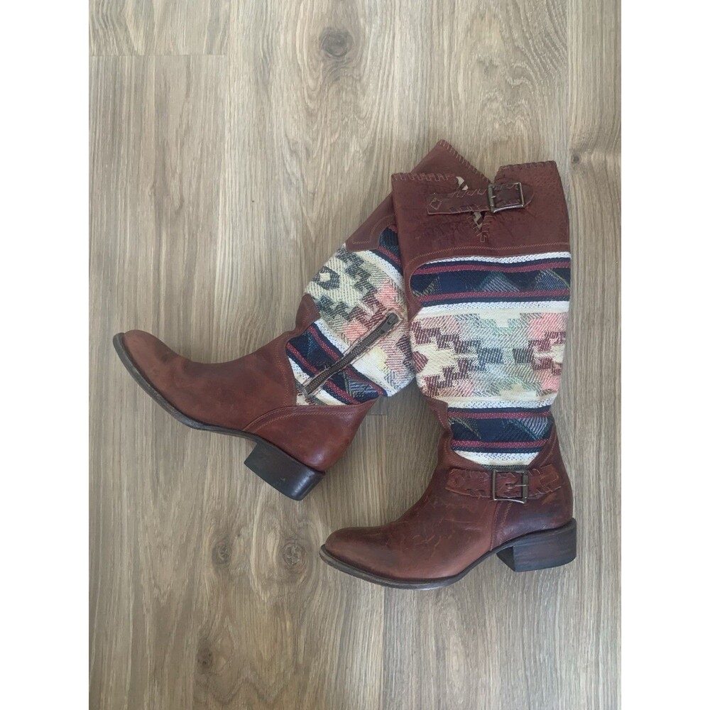 FREEBIRD By Steven Quixote Blanket Aztec Western Boho Tall Leather Boots Sz 9 M